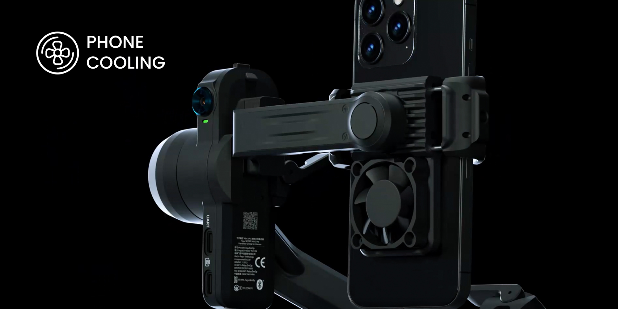 width=100% Gimbal ręczny FeiyuTech Scorp mini 3 Kit zdjęcie produktowe na czarnym tle z uchwytem chłodzącym na smartfon